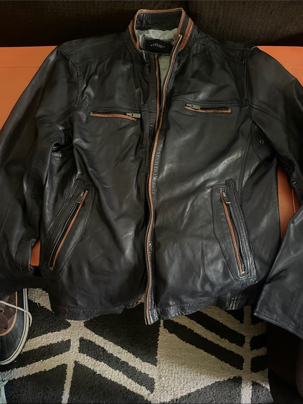 Men's Black Leather Jacket with Brown Trim - Classic Style